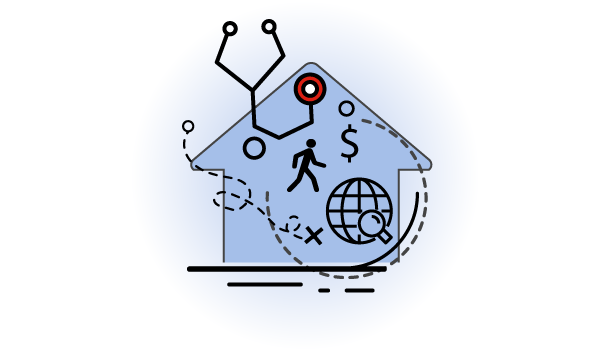 Icon graphic depicting a home, person walking, stethoscope and magnifying glass with globe