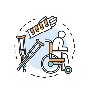 A graphic icon of a person in a wheelchair, a pair of crutches and a wrist brace