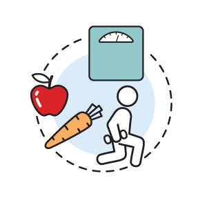 A graphic icon of a person in a lunging position, a weight scale, an apple and a carrot