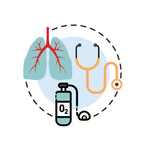 A graphic icon of a a pair of lung sacs, a stethoscope and an oxygen tank and mask