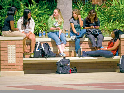 Six students engage in a discussion while casually sitting on a large bench.