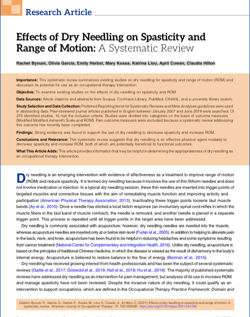 Screenshot of an article abuot dry needling