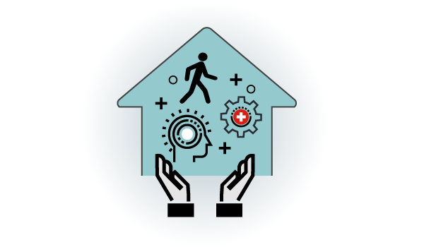 Icon graphic depicting a home between two hands, a person walking, a human head and a virus