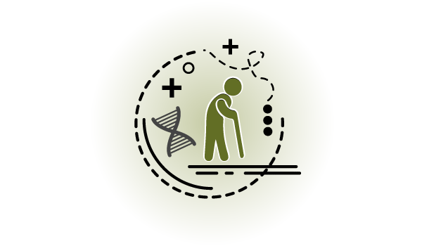Icon graphic depicting an older person walking with cane, hourglass, and scientific details