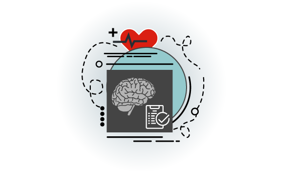 Icon graphic depicting a brain, heart and medical records with scientific details
