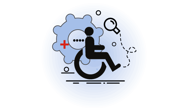 cog, wheelchair icon, magnifying glass