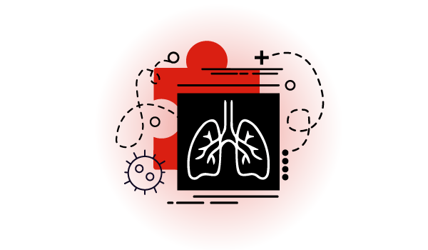 Icon graphic depicting a puzzle piece, lung x ray and virus